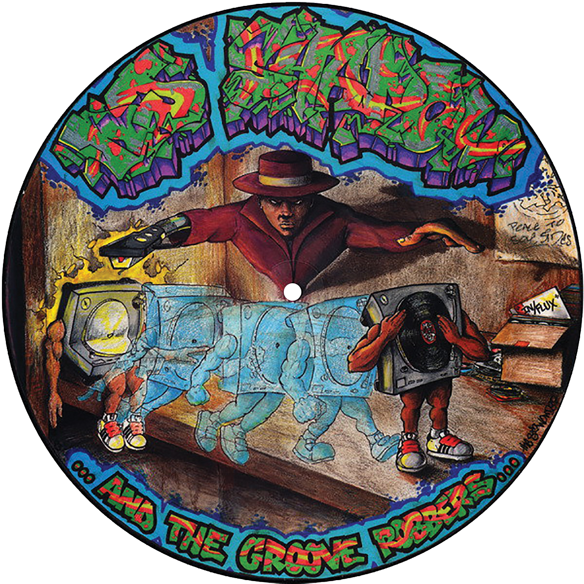 Picture disc art by 8th Wonder for the 1993 picture disc single on Mo' Wax, "In/Flux" b/w "Hindsight."